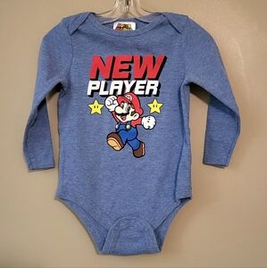 Super Mario "New Player" blue long sleeve onesie/bodysuit